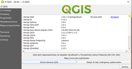 Zrzut ekranu z informacją o wersji programu QGIS.