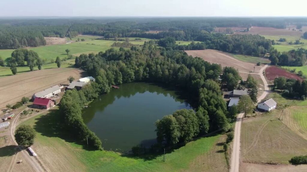 Krajobraz z lotu ptaka. Na pierwszym planie małe jeziorko otoczone szpalerem drzew. Z prawej strony biegnie droga, a z lewej są zabudowania gospodarskie. W oddali widać gęsty las aż po horyzont.