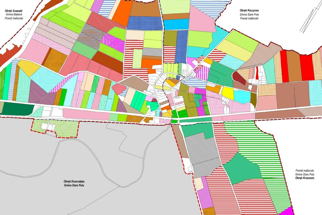 Mapa rozdrobnienia gruntów gospodarstw rolnych wsi Królewo i Krasnołęka, gmina Stare Pole, powiat malborski.